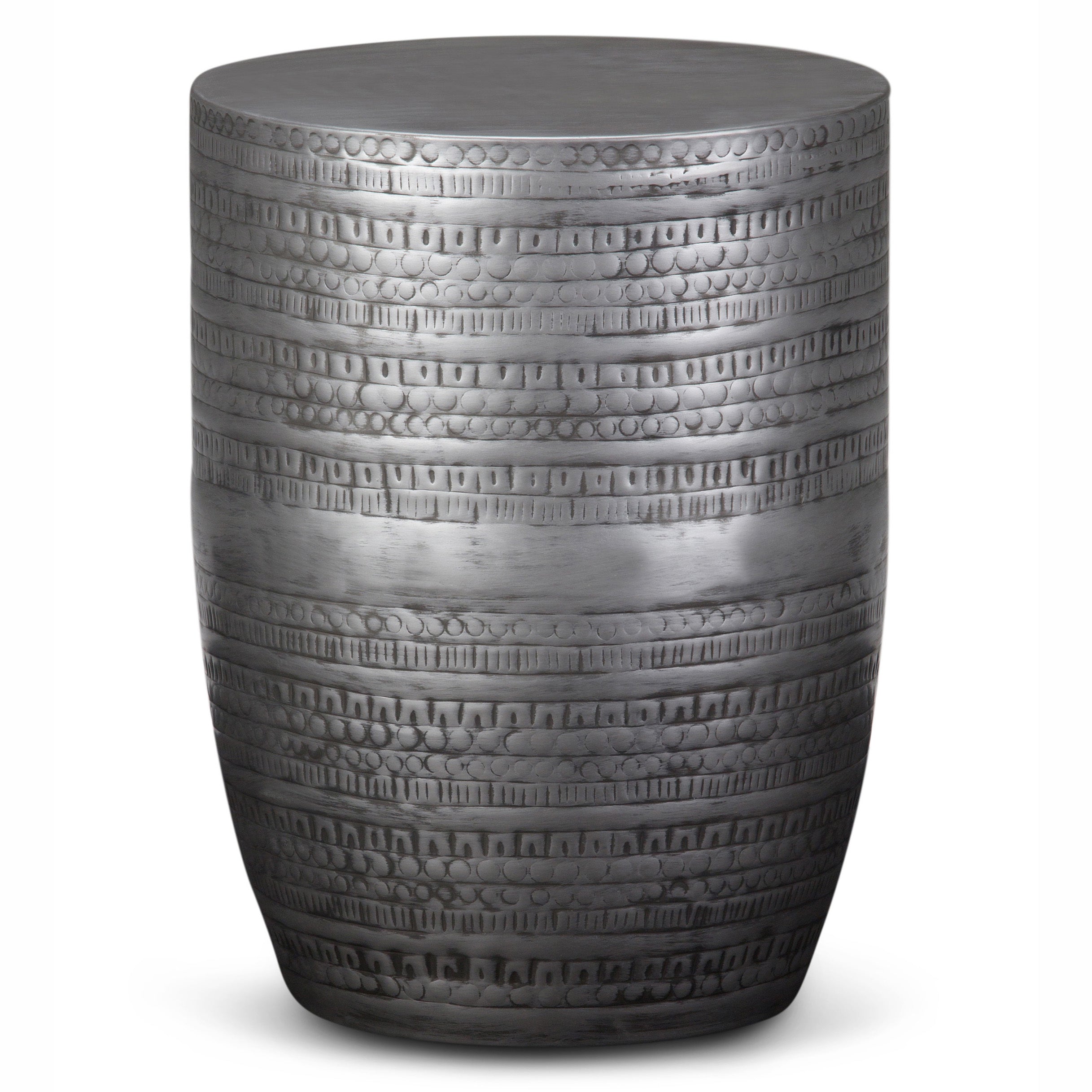 Johnsen 15 Inch Wide Tribal Pattern Metal Accent Table in Antique Silver