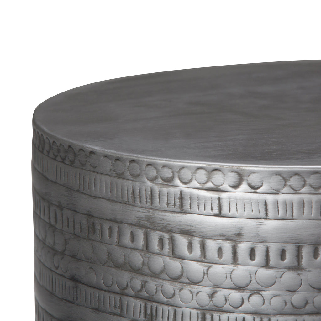 Johnsen 15 Inch Wide Tribal Pattern Metal Accent Table in Antique Silver