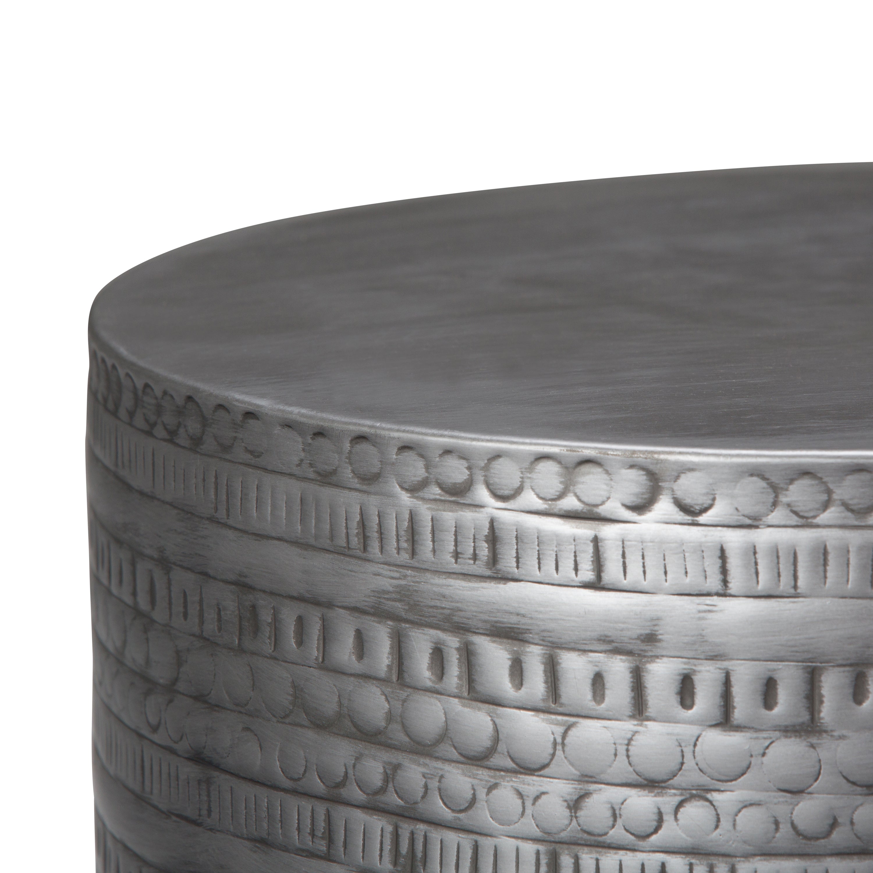 Johnsen 15 Inch Wide Tribal Pattern Metal Accent Table in Antique Silver