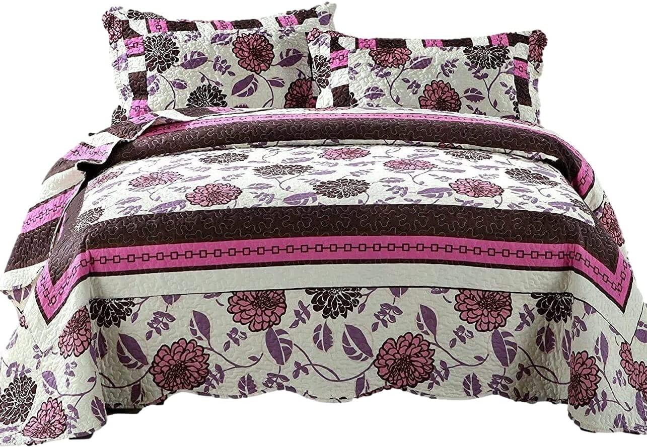 Bohemian Purple Blooms Floral Bedspread Set – Pink & Brown (KBJ1629)