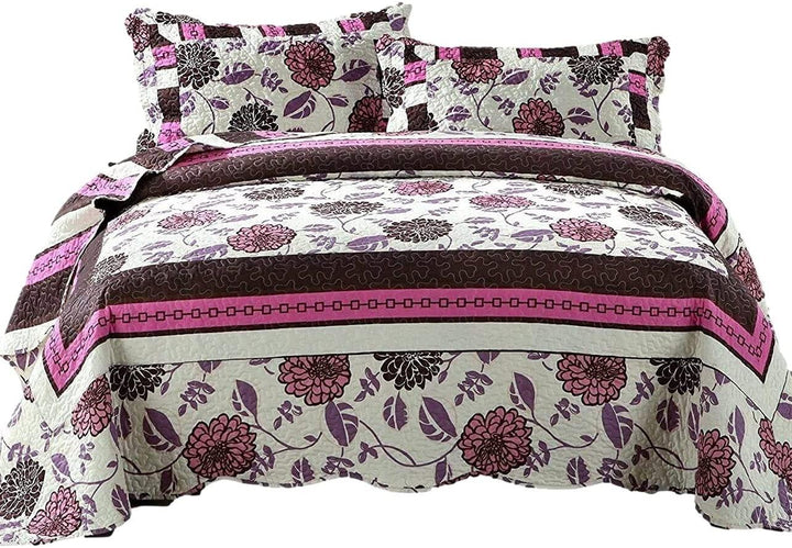 Bohemian Purple Blooms Floral Bedspread Set – Pink & Brown (KBJ1629)