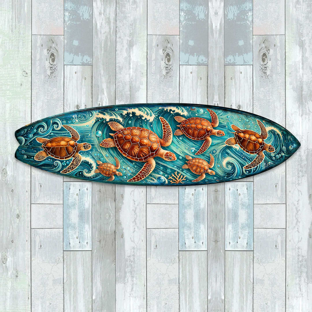 Sea Turtle Surfboard Coastal Wall Art – Handcrafted Ocean Wave Wooden Decor by G.DeBrekht – Marine Life Beach House Accent – 8490150HS