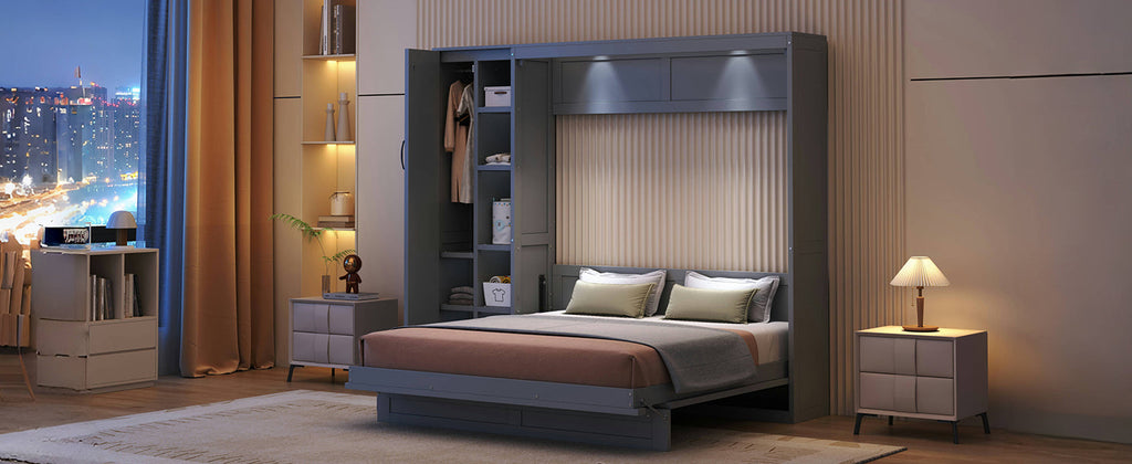 Queen Size Murphy Bed Wall Bed with Shelves, Wardrobe and LED Lights, Gray