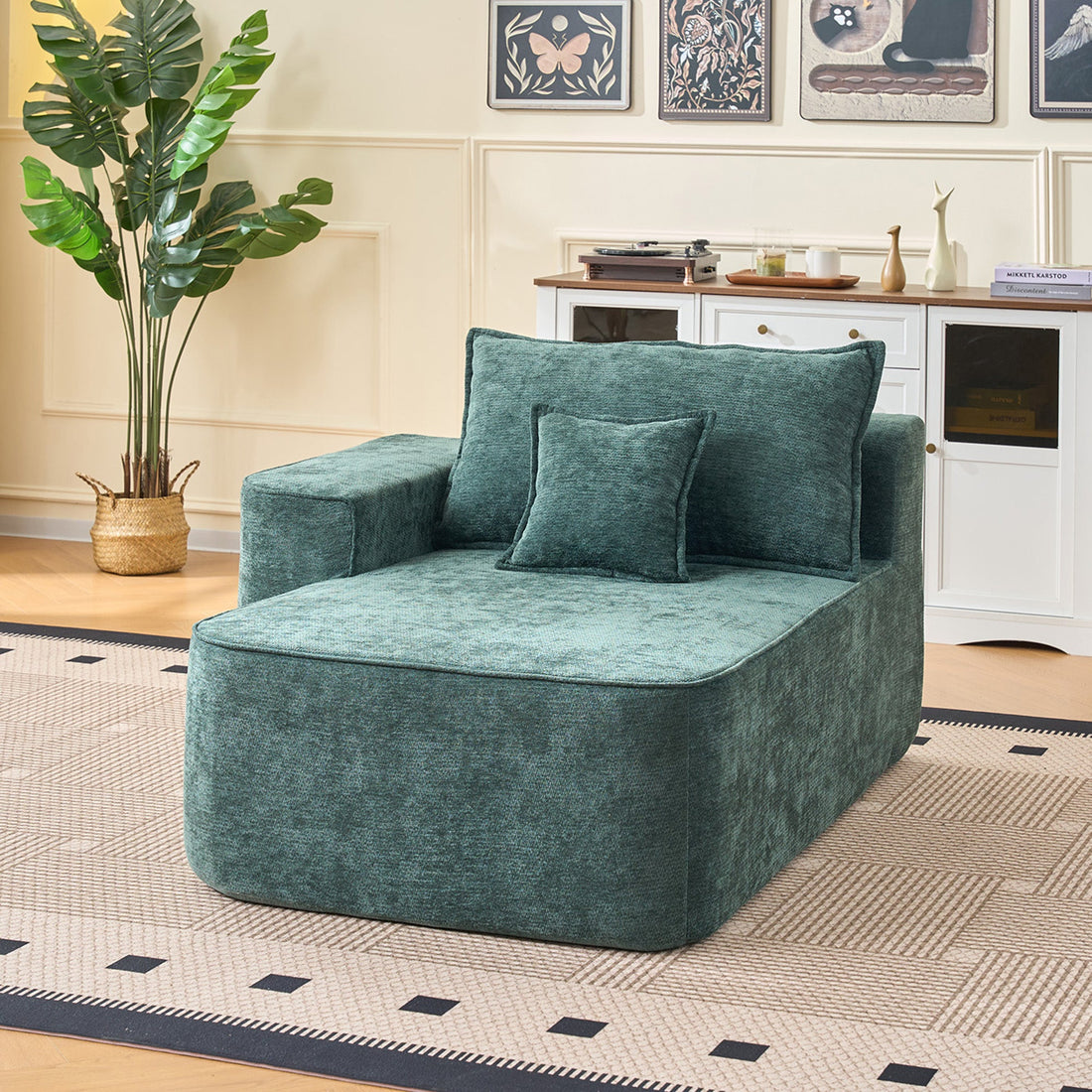 Modern Green Chenille L Shaped Sectional Sofa with Chaise