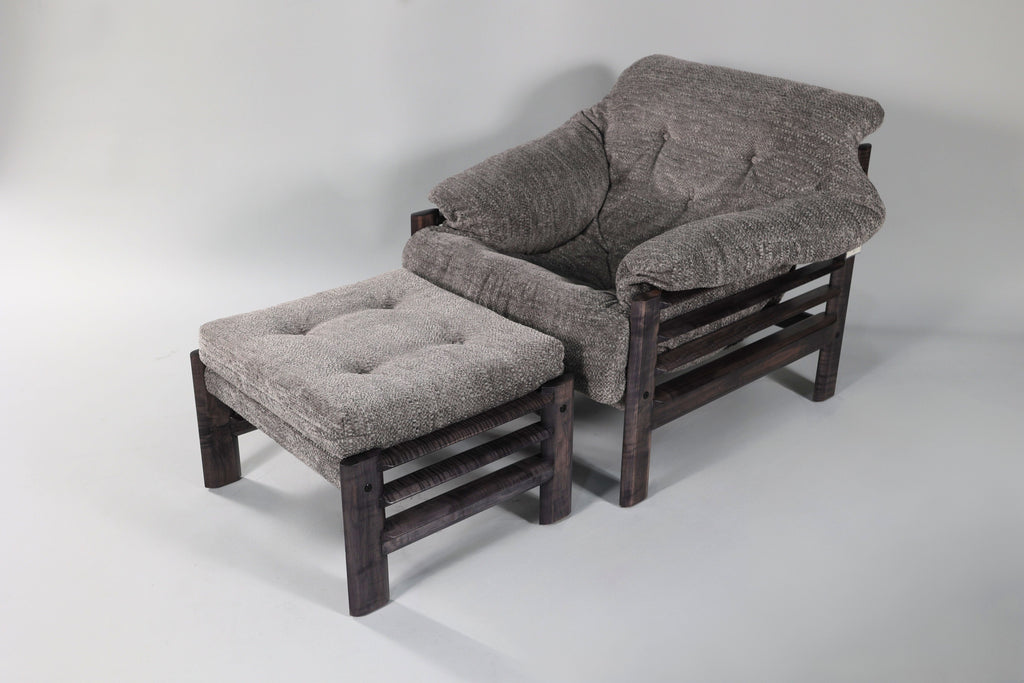 Chair & Ottoman – Oswalt Sterling with Tiger Maple Arms (Black)