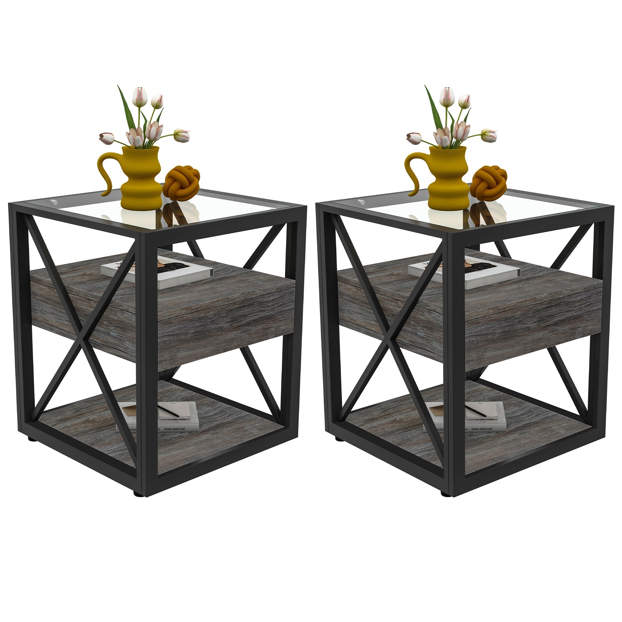 Set of 2 Modern End Tables with Drawer - Nightstand
