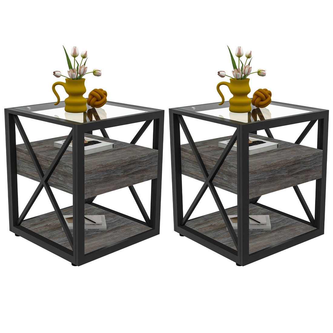 Set of 2 Modern End Tables with Drawer - Nightstand