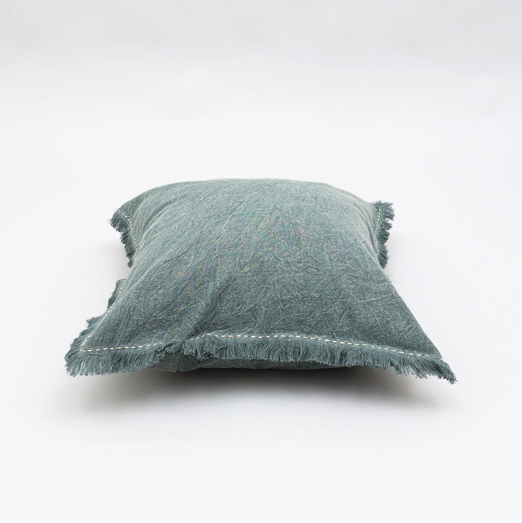 Stonewashed Linen Throw Pillow with Handworked Edges & Fringe - 22x22