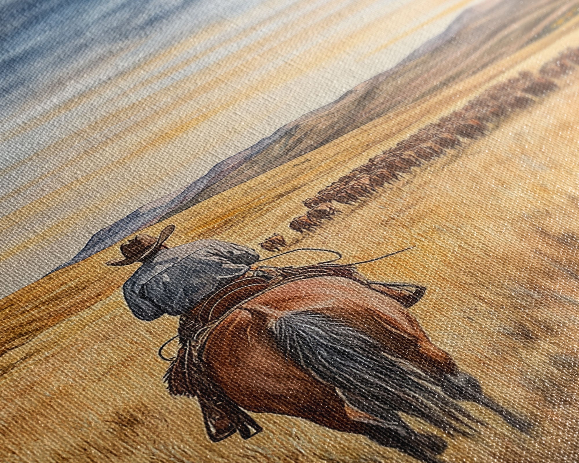 Cowboy & Cattle Framed Canvas – Western Rustic Wall Art