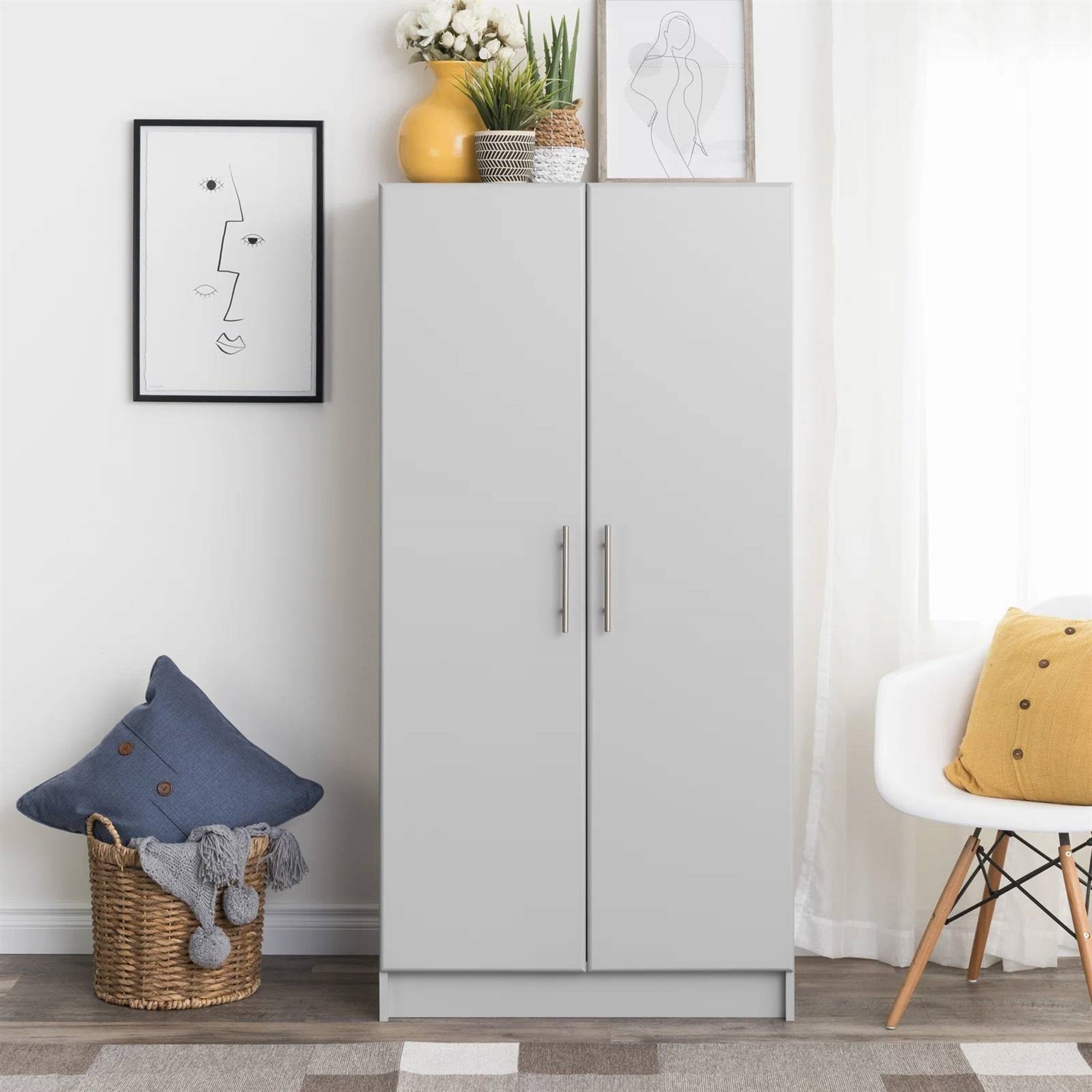 Light Grey Wood Bedroom Armoire – Wardrobe with Hanging Rail