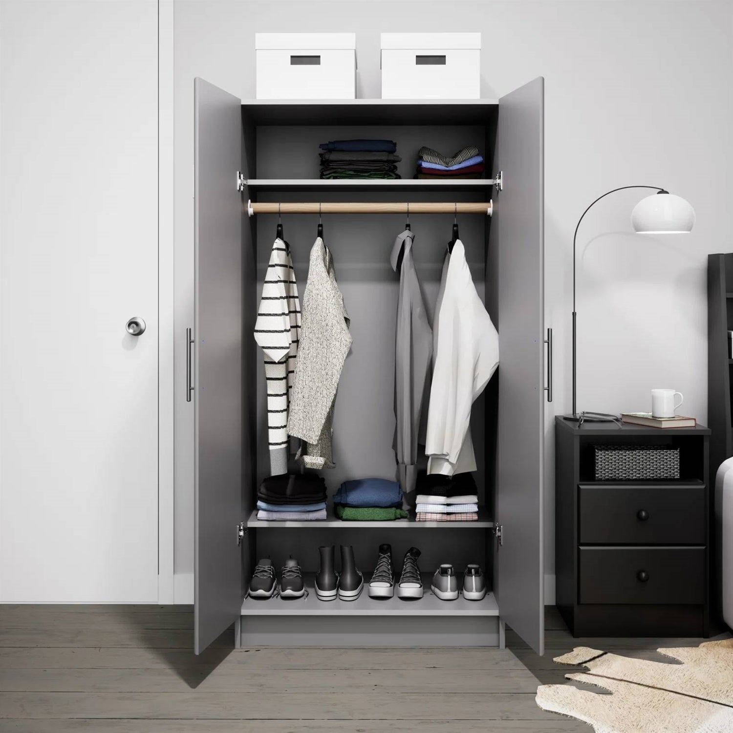 Light Grey Wood Bedroom Armoire – Wardrobe with Hanging Rail