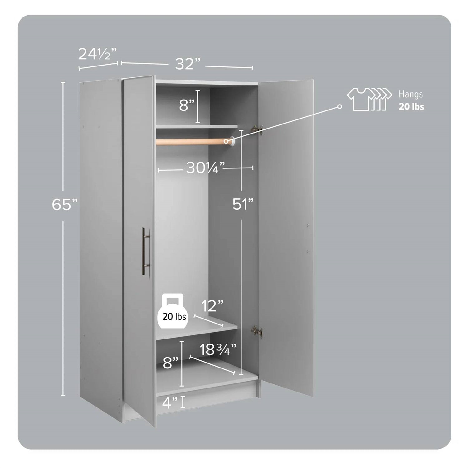 Light Grey Wood Bedroom Armoire – Wardrobe with Hanging Rail