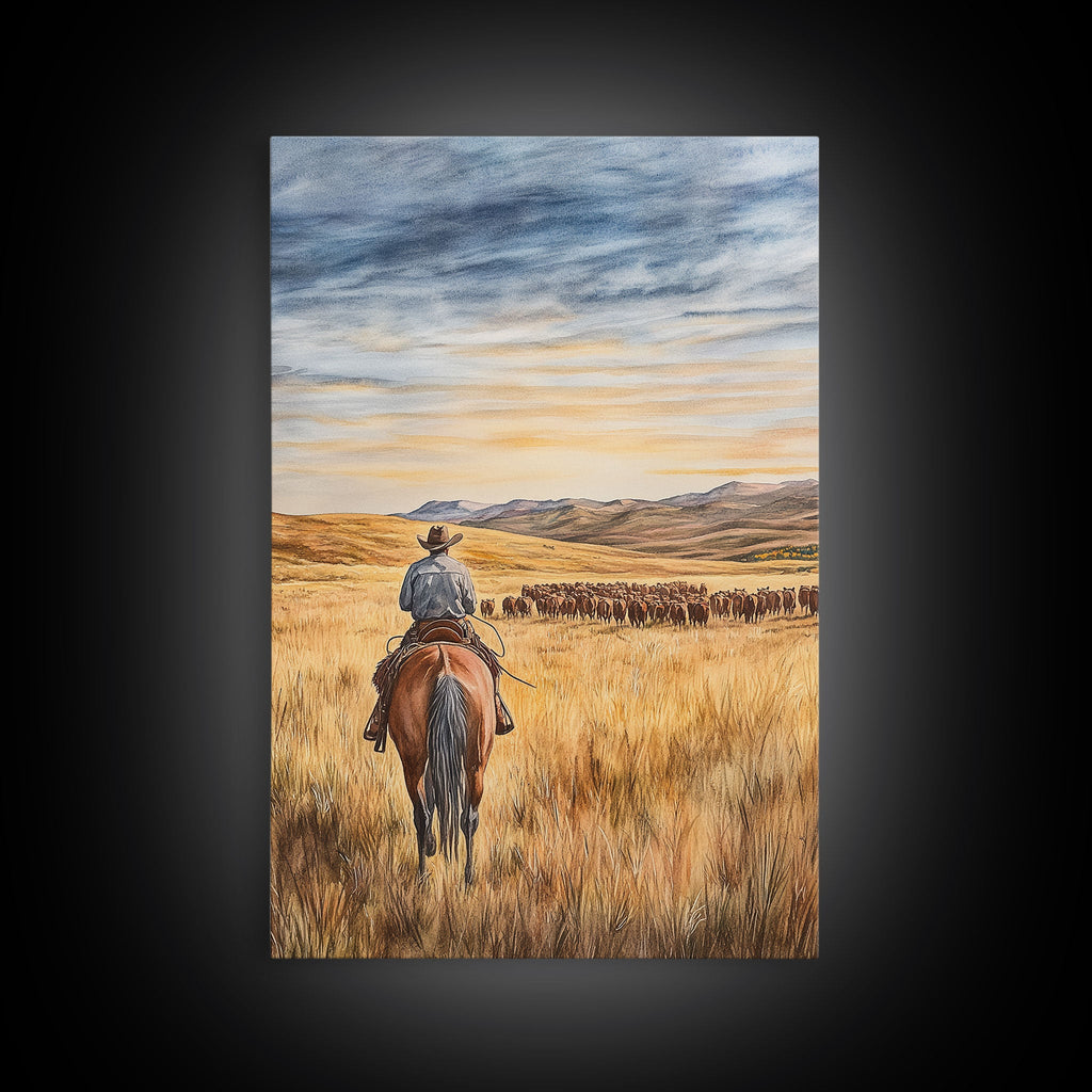 Cowboy & Cattle Framed Canvas – Western Rustic Wall Art