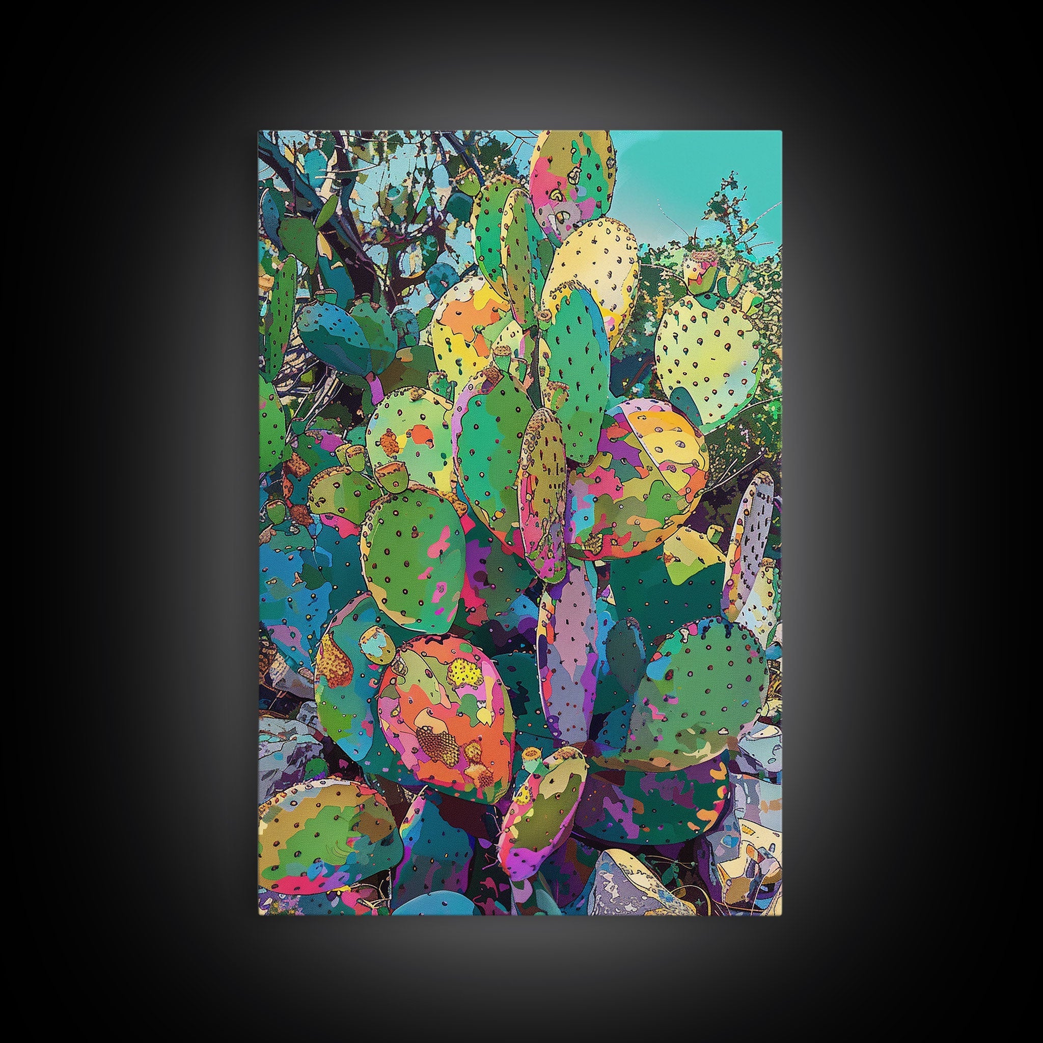 Prickly Pear Cactus Abstract Canvas – Colorful Desert Wall Art