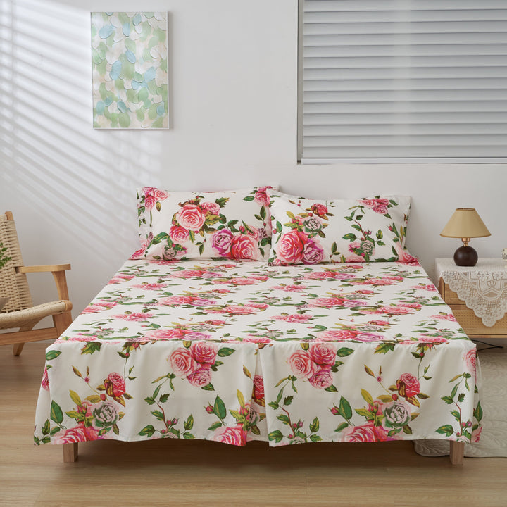 Romantic Roses Floral Bed Skirt – Pink & White Ruffled Dust Ruffle