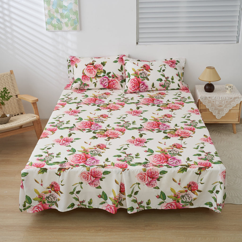 Romantic Roses Floral Bed Skirt – Pink & White Ruffled Dust Ruffle