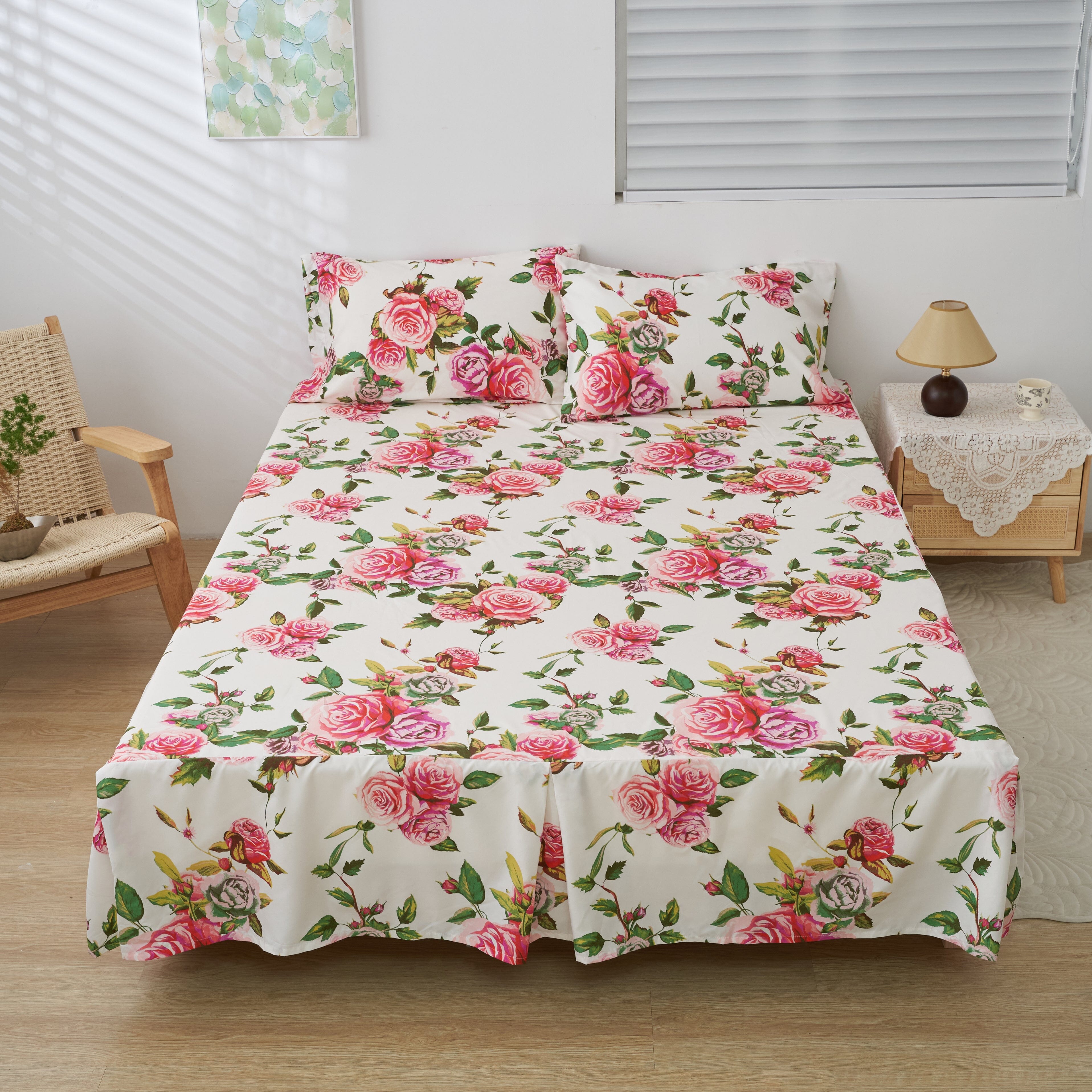 Romantic Roses Floral Bed Skirt – Pink & White Ruffled Dust Ruffle