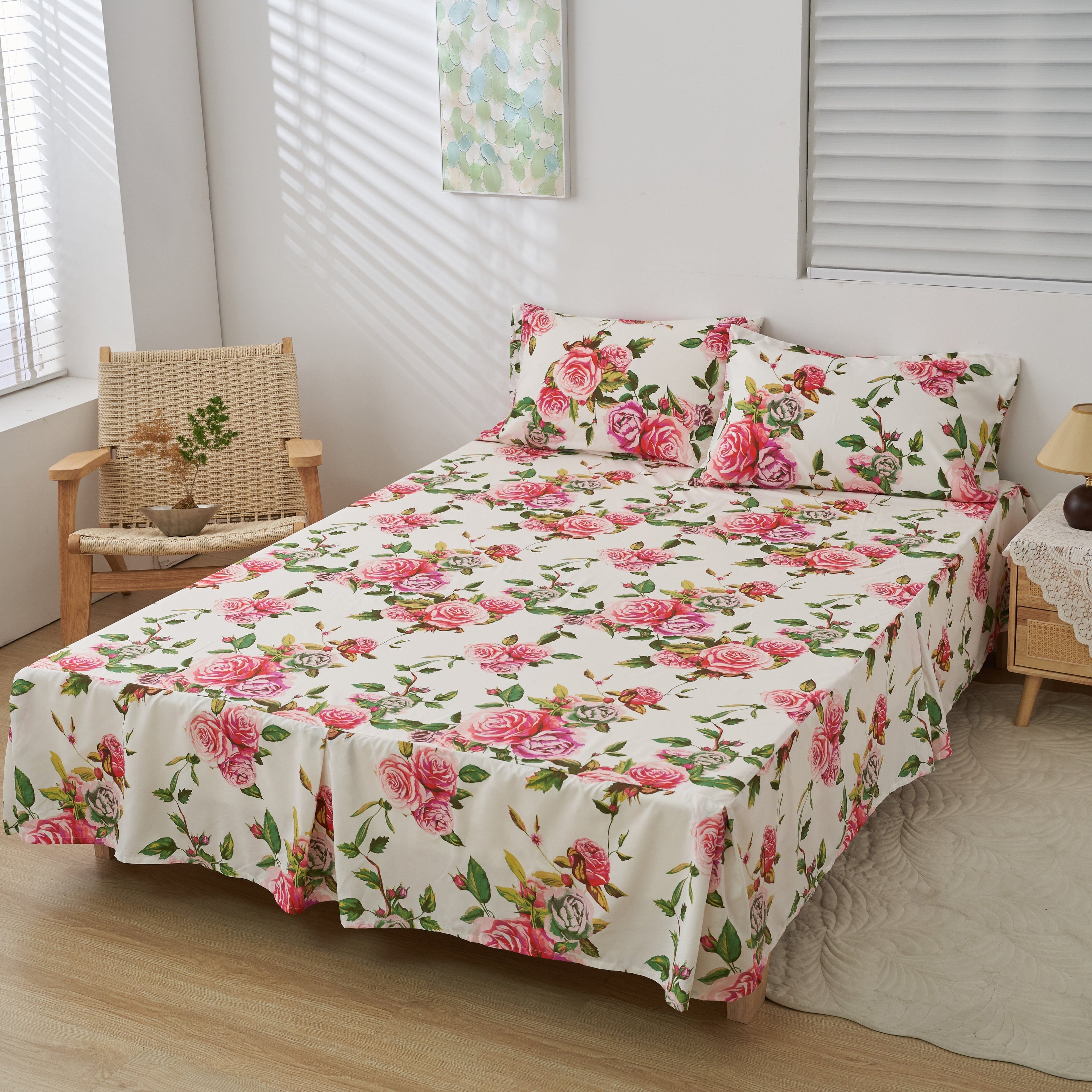 Romantic Roses Floral Bed Skirt – Pink & White Ruffled Dust Ruffle