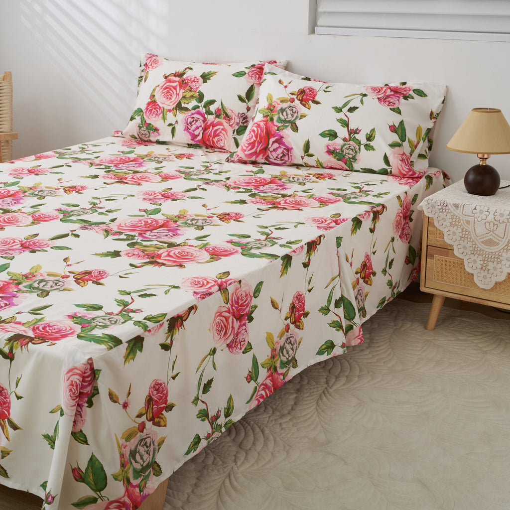 Romantic Roses Floral Bed Skirt – Pink & White Ruffled Dust Ruffle