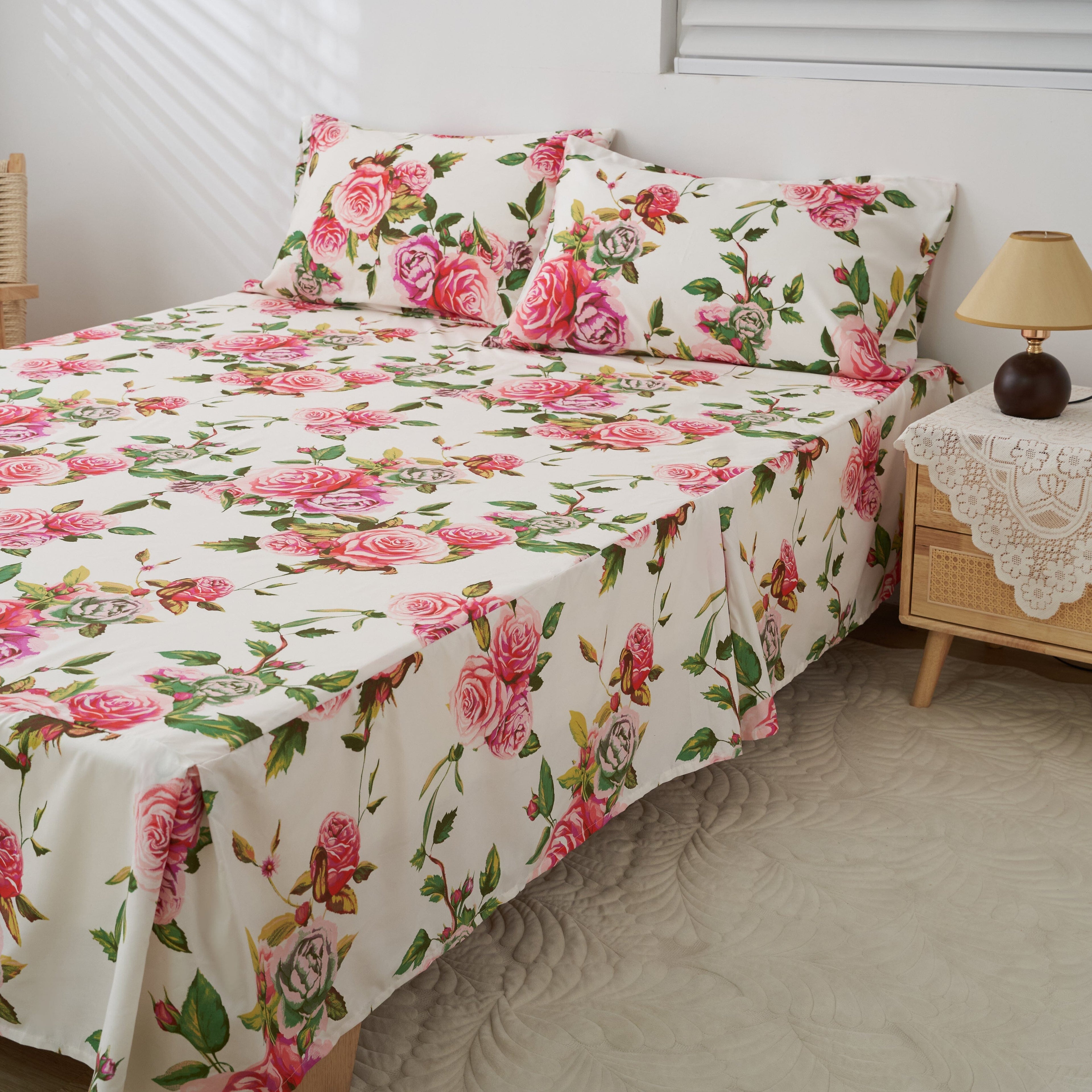 Romantic Roses Floral Bed Skirt – Pink & White Ruffled Dust Ruffle