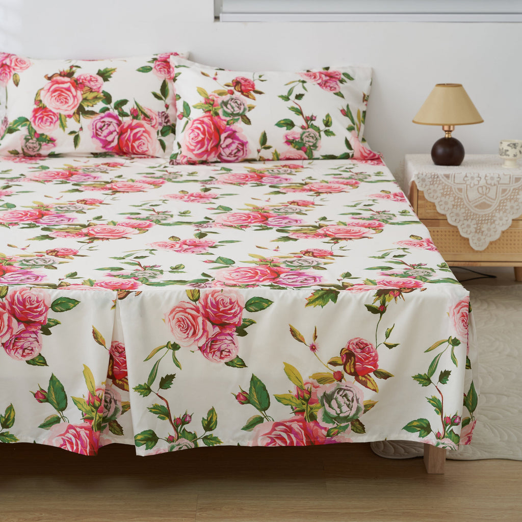 Romantic Roses Floral Bed Skirt – Pink & White Ruffled Dust Ruffle