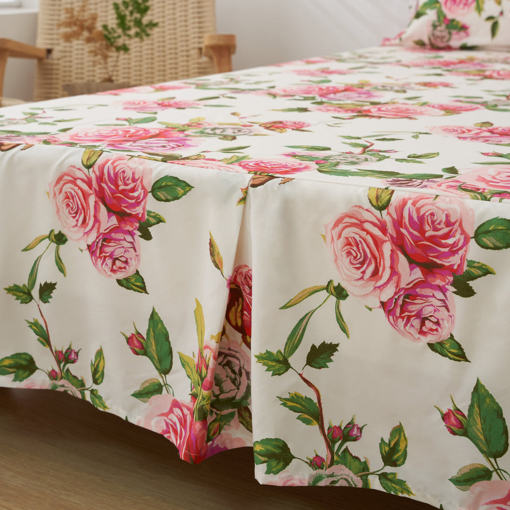 Romantic Roses Floral Bed Skirt – Pink & White Ruffled Dust Ruffle