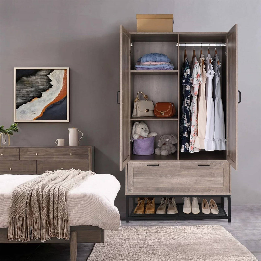 Modern 2-Door Wardrobe Cabinet with Shoe Rack – Retro Grey