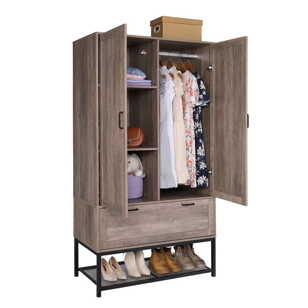Modern 2-Door Wardrobe Cabinet with Shoe Rack – Retro Grey