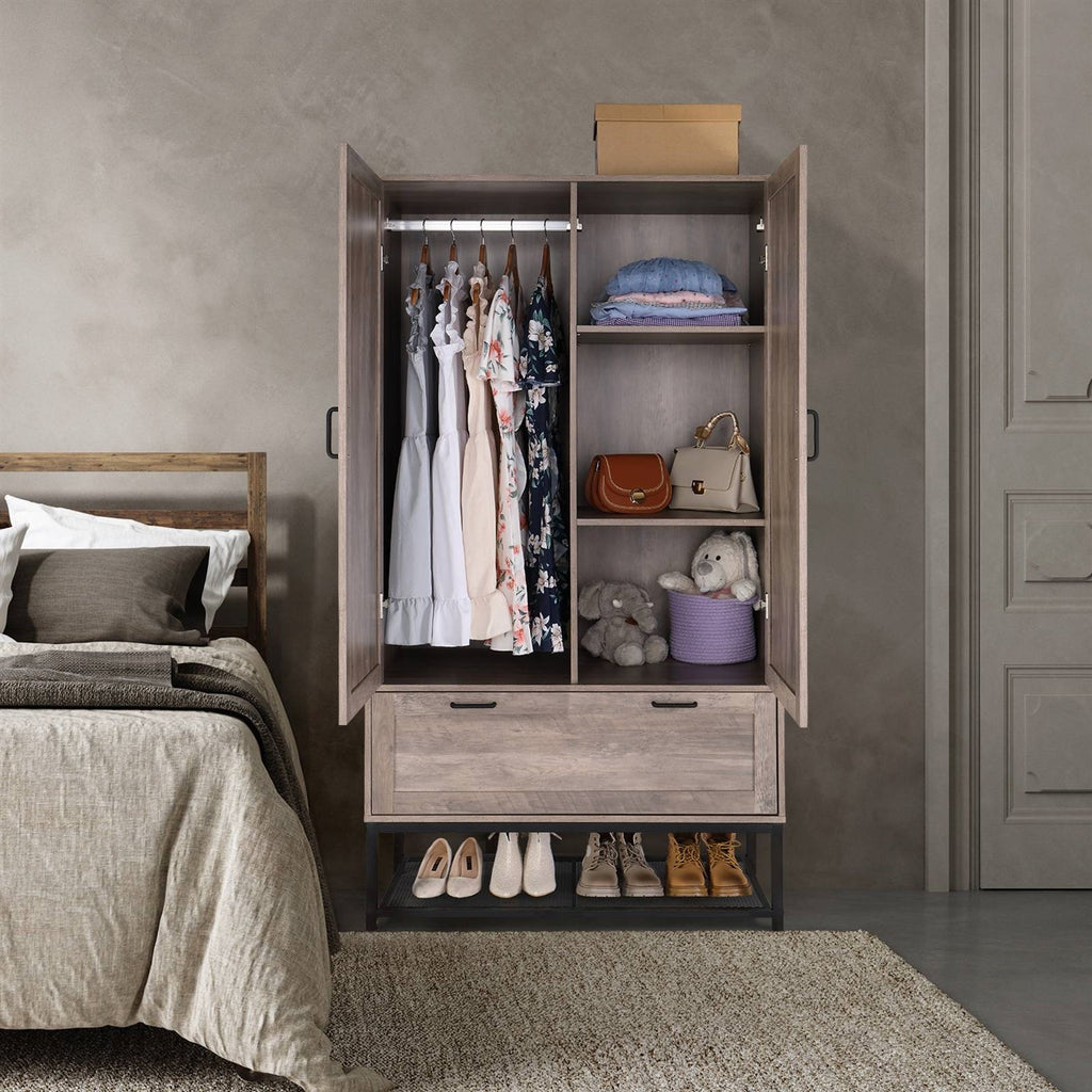 Modern 2-Door Wardrobe Cabinet with Shoe Rack – Retro Grey