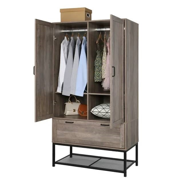 Modern 2-Door Wardrobe Cabinet with Shoe Rack – Retro Grey