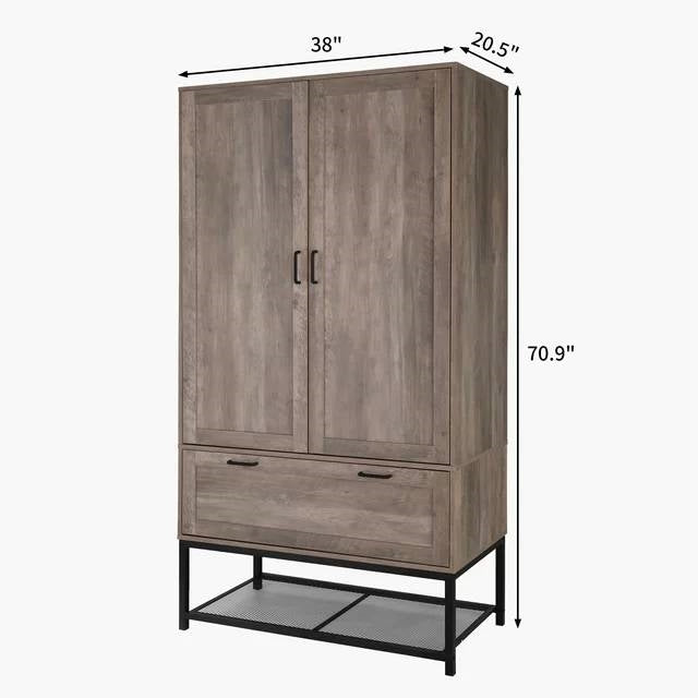 Modern 2-Door Wardrobe Cabinet with Shoe Rack – Retro Grey