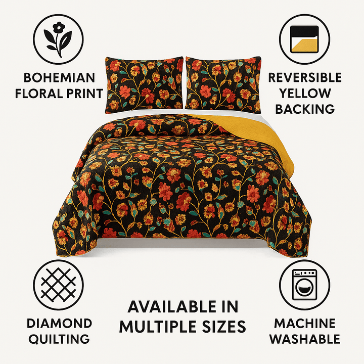 Marigold Floral Quilted Bedspread Set – Brown & Yellow (HS-3330)
