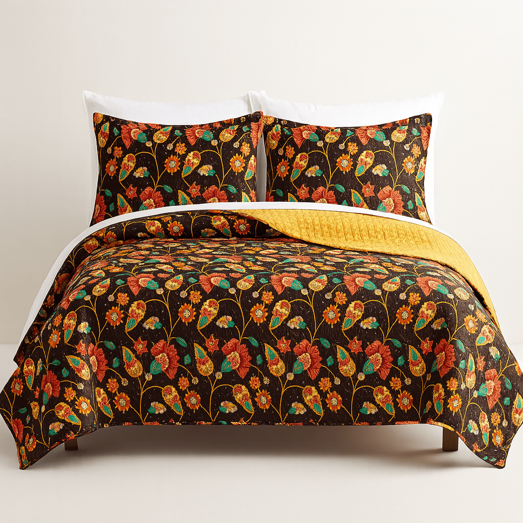 Marigold Floral Quilted Bedspread Set – Brown & Yellow (HS-3330)