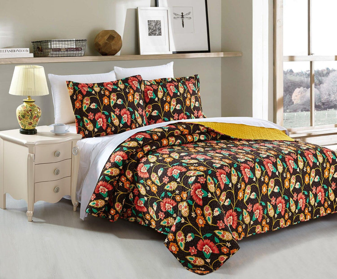 Marigold Floral Quilted Bedspread Set – Brown & Yellow (HS-3330)