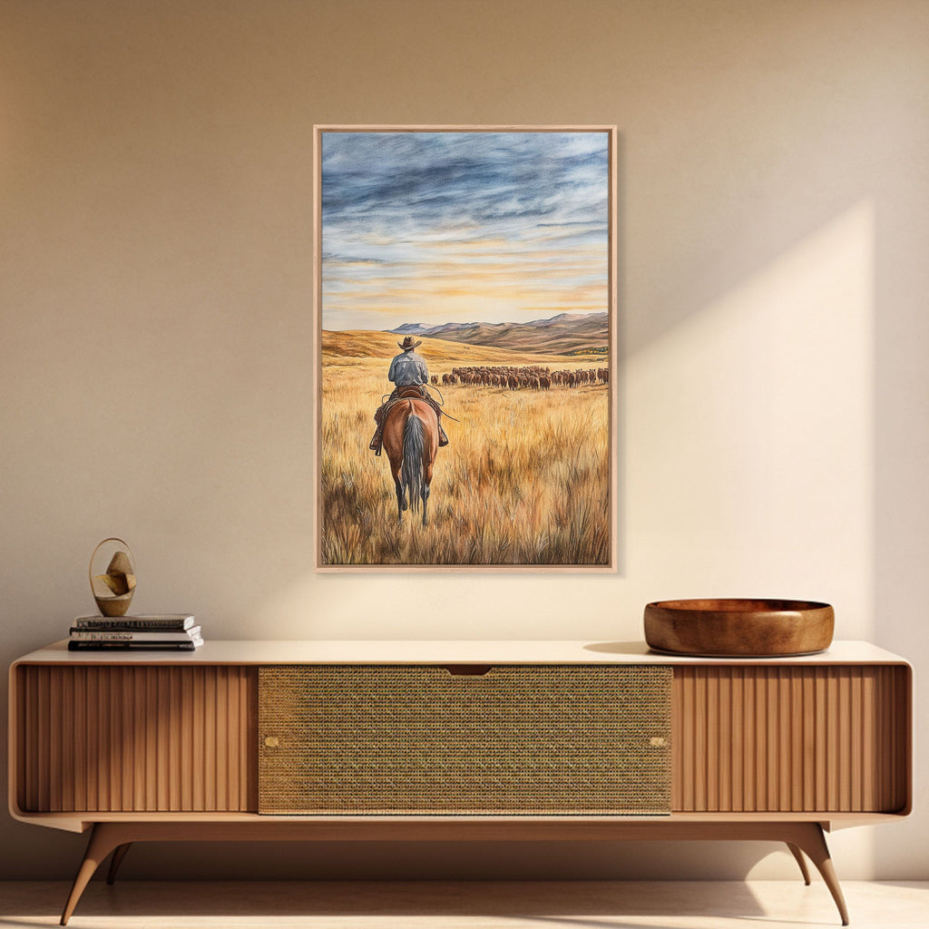 Cowboy & Cattle Framed Canvas – Western Rustic Wall Art