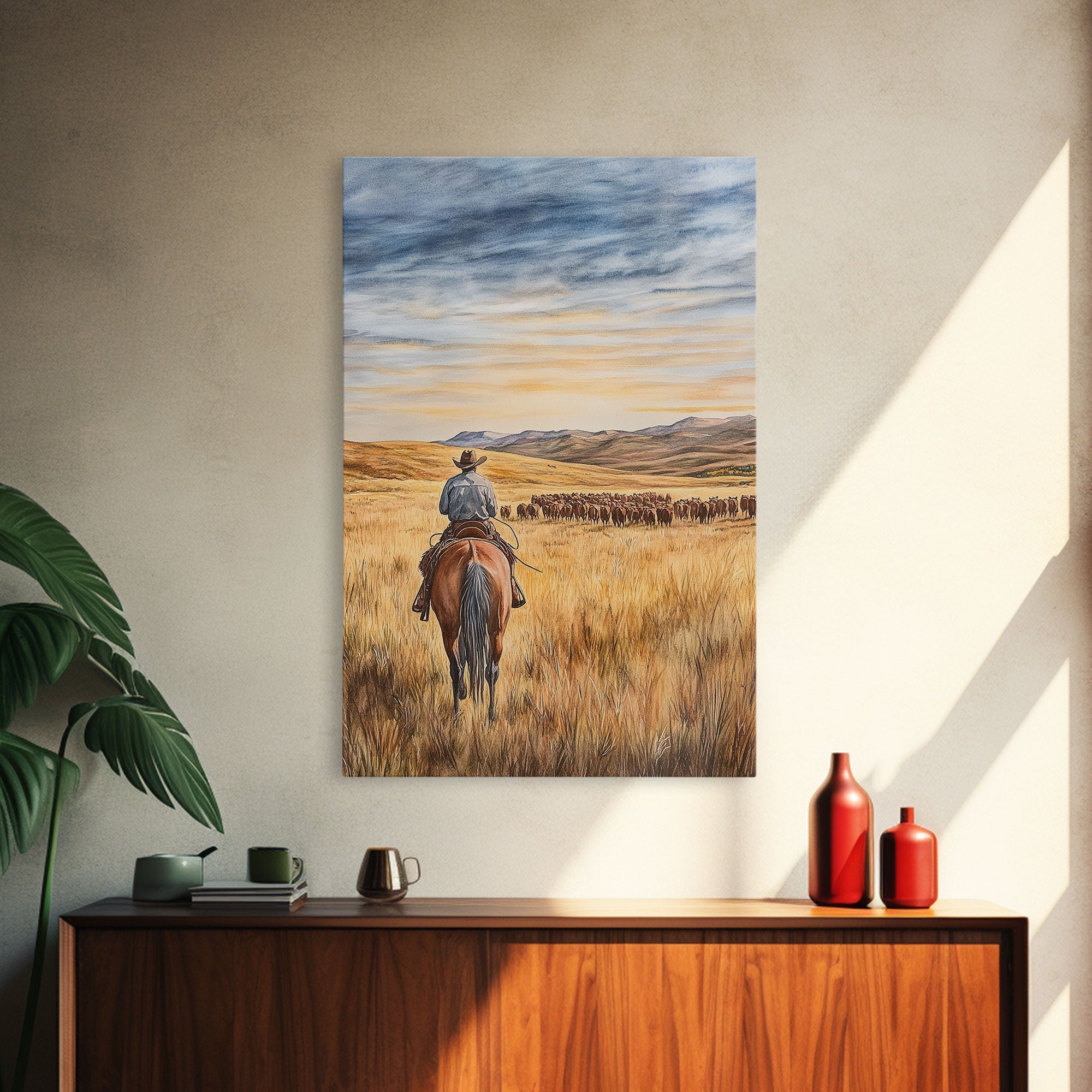 Cowboy & Cattle Framed Canvas – Western Rustic Wall Art