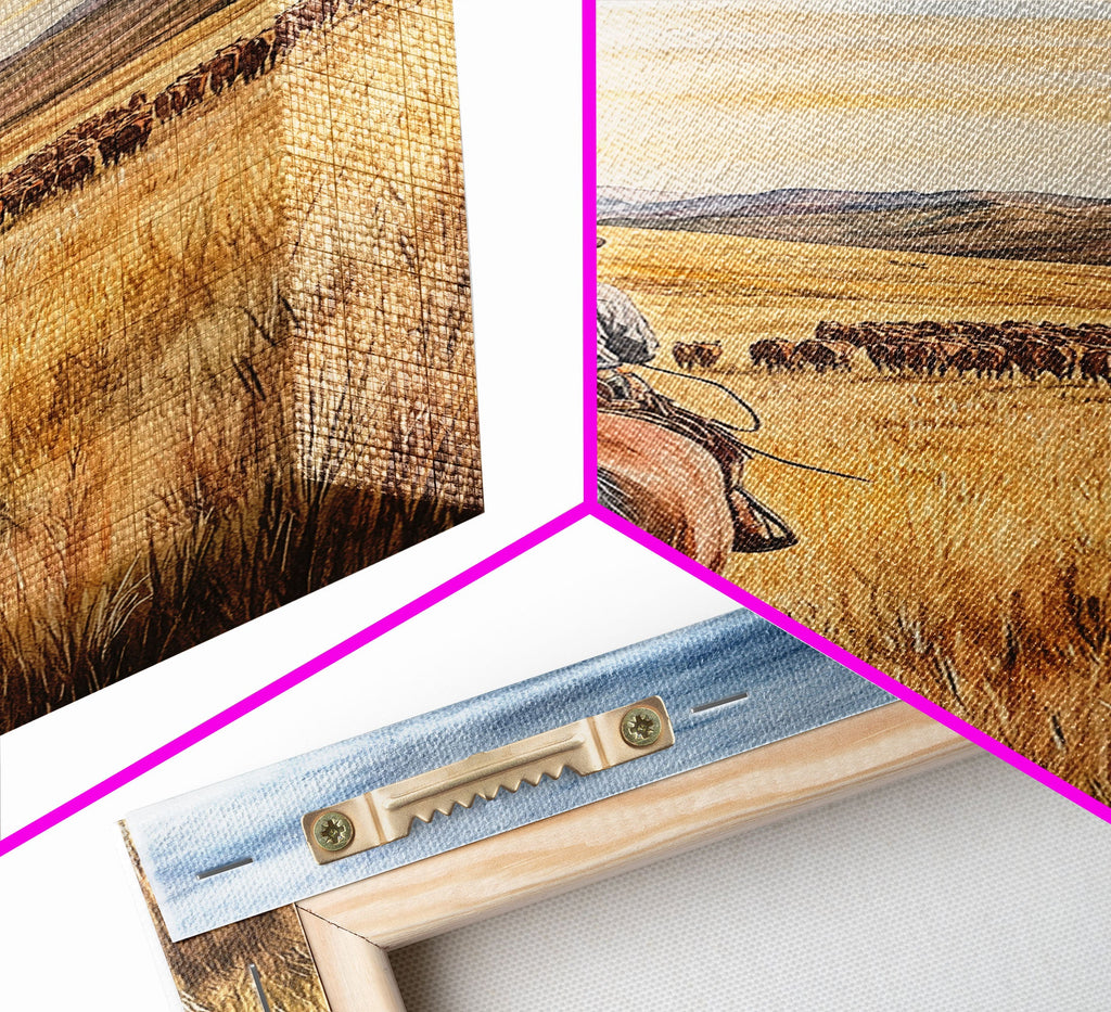 Cowboy & Cattle Framed Canvas – Western Rustic Wall Art