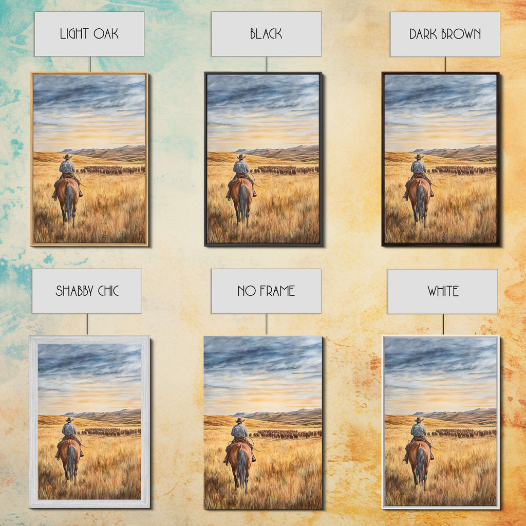Cowboy & Cattle Framed Canvas – Western Rustic Wall Art