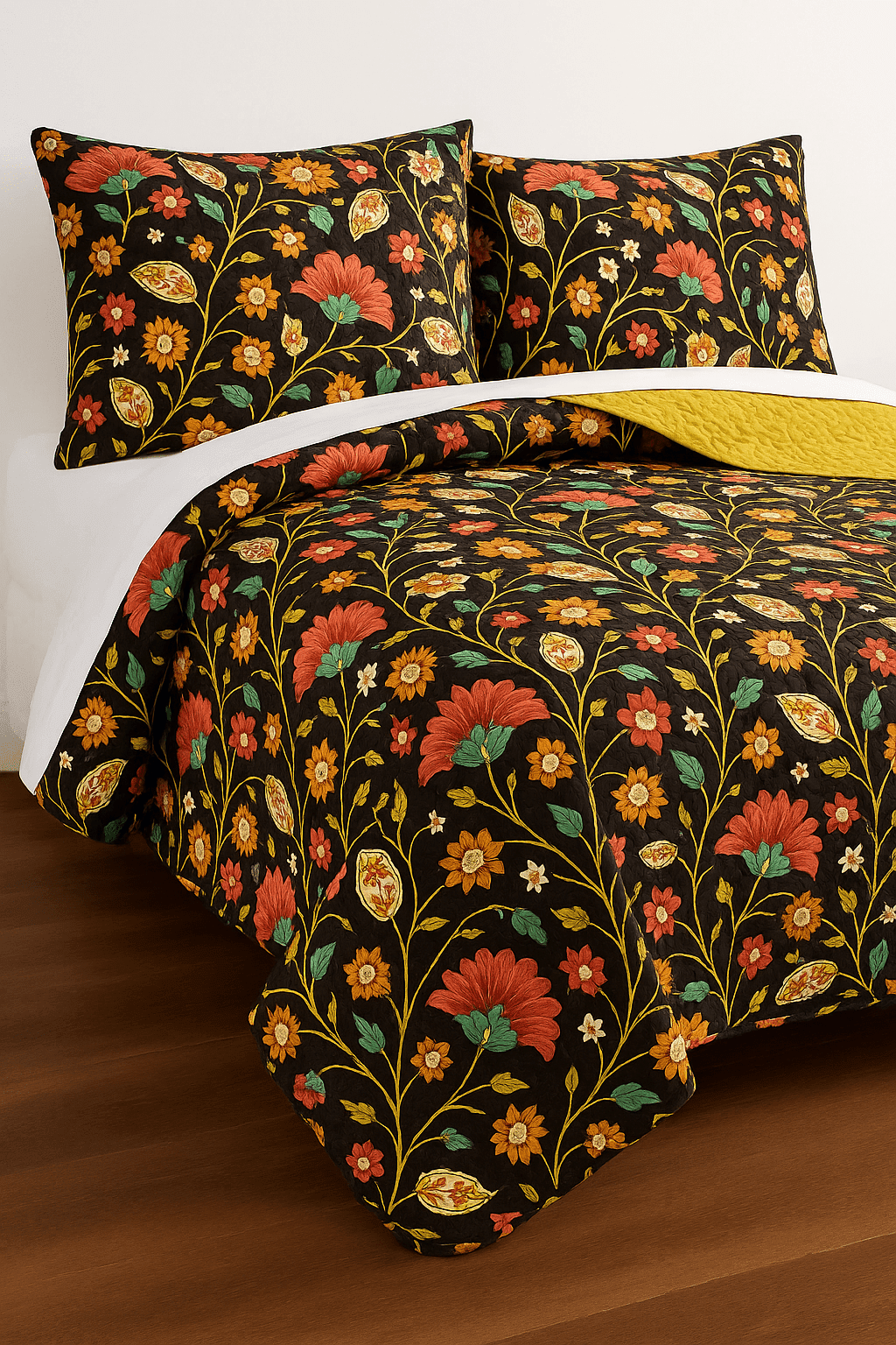 Marigold Floral Quilted Bedspread Set – Brown & Yellow (HS-3330)