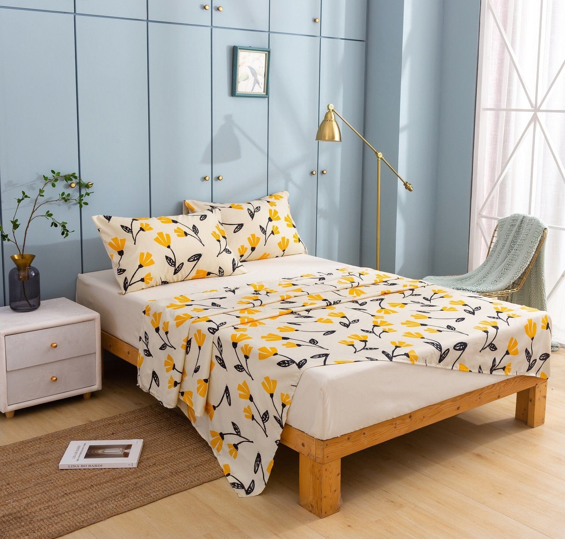Yellow Fleur Botanical Bedding Set – Duvet, Sheets & Pillowcases (18112)