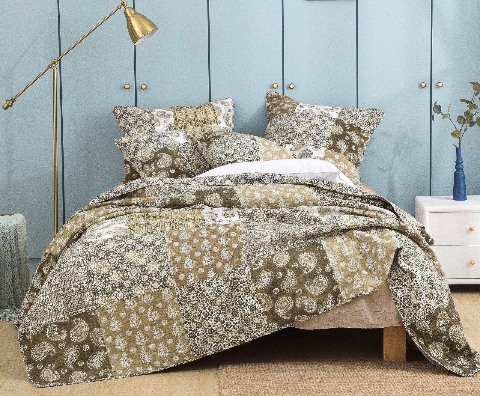 Bohemian Paisley Bed in a Bag Set – Olive Brown Floral (JHW885)