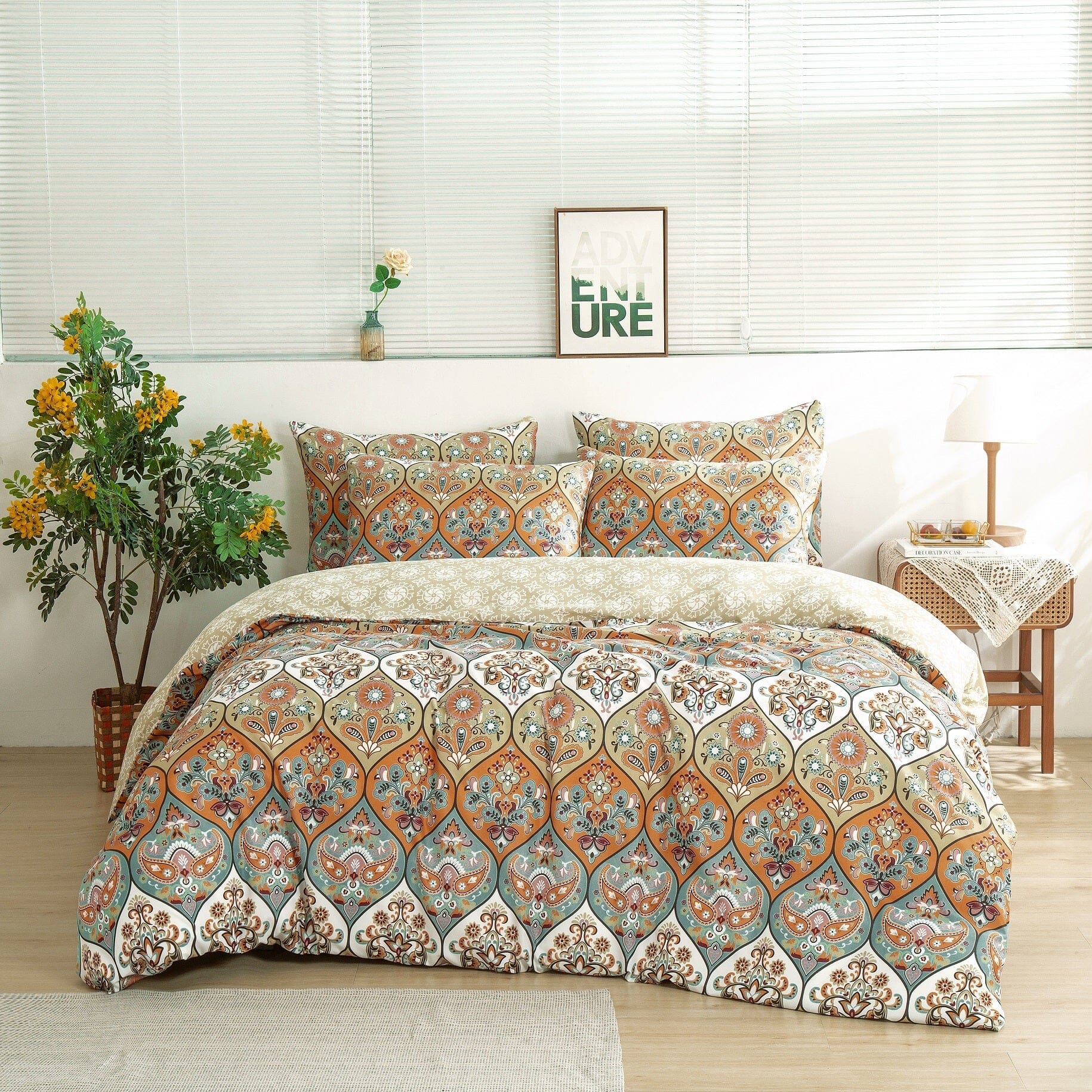 Bohemian Reversible Duvet Cover Set – Coral & Teal Floral Paisley