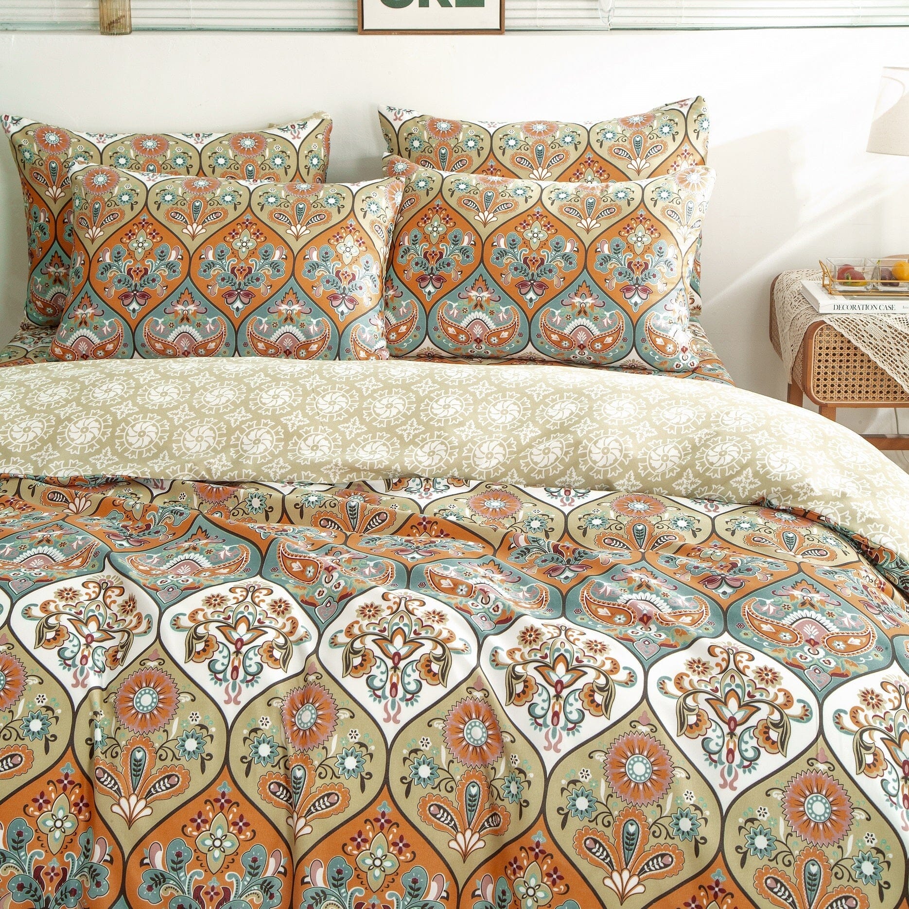 Bohemian Reversible Duvet Cover Set – Coral & Teal Floral Paisley