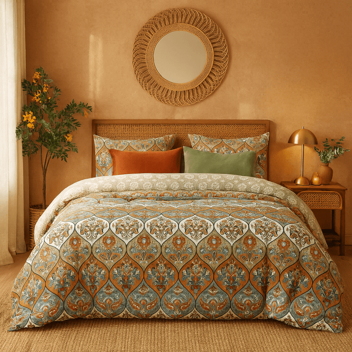 Bohemian Reversible Duvet Cover Set – Coral & Teal Floral Paisley