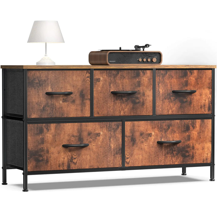 5-Drawer Fabric Dresser – Rust Brown with Wooden Top