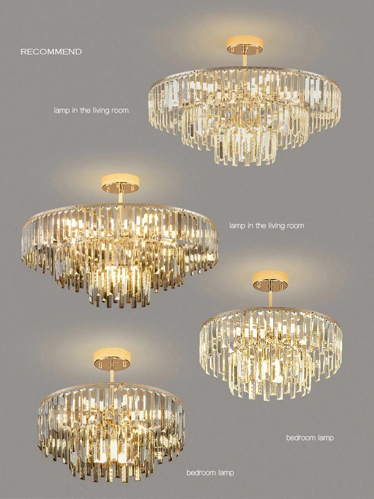 Elegant Modern Crystal Gold Chandelier - Round Smoked Gray Crystal Design - Perfect for Luxury Living Rooms and Bedrooms