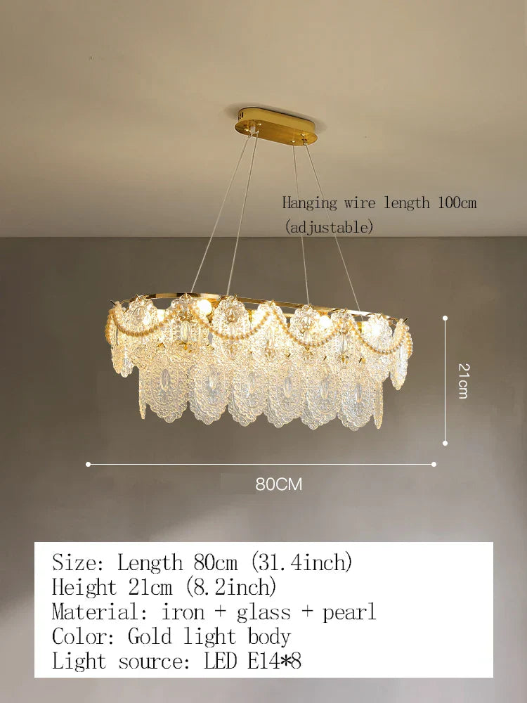 Elegant French Light Luxury Glass Chandelier - Modern Golden Rectangular Dining Room and Living Room Lighting Fixture