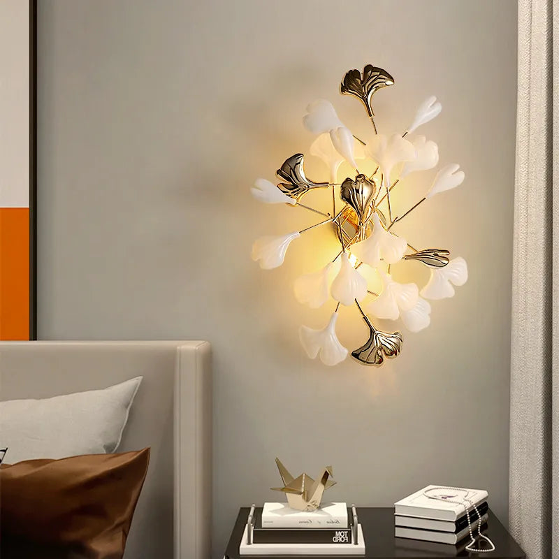 Romantic Flowers Foyer LED Wall Lamp - Ceramics and Leaf Artistic Sconce with Gold Metal Accents for Bedrooms, Hotels, and Artful Decor