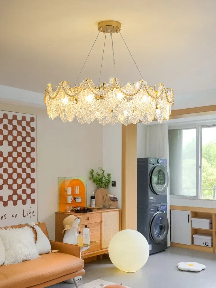 Elegant French Light Luxury Glass Chandelier - Modern Golden Rectangular Dining Room and Living Room Lighting Fixture