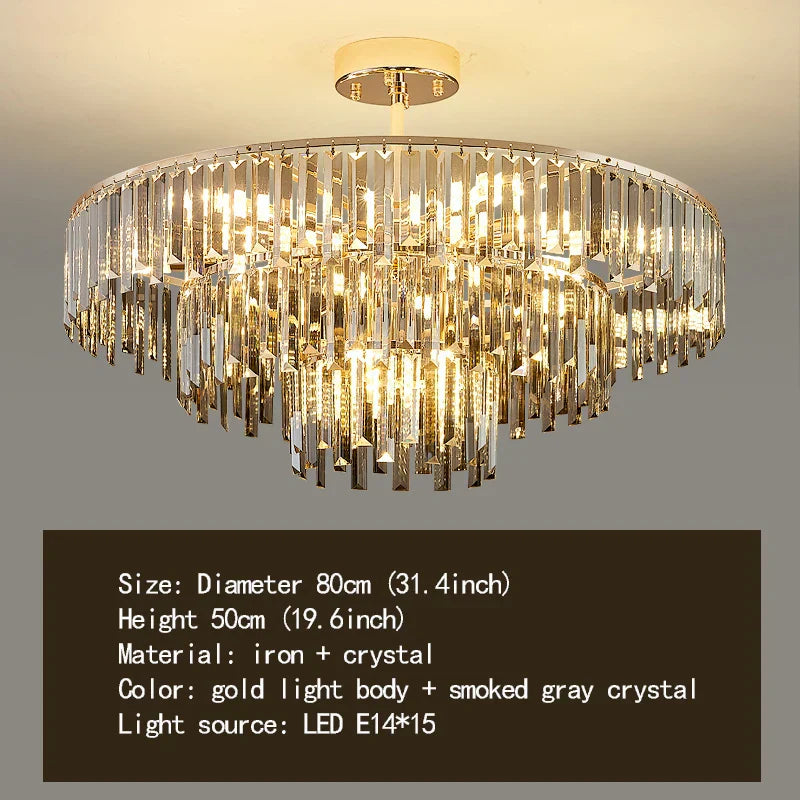 Elegant Modern Crystal Gold Chandelier - Round Smoked Gray Crystal Design - Perfect for Luxury Living Rooms and Bedrooms